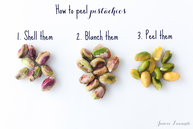 The 3 stages of peeling pistachios: 1st shell them; 2nd blanch them; 3rd peel them to reveal the green nuts