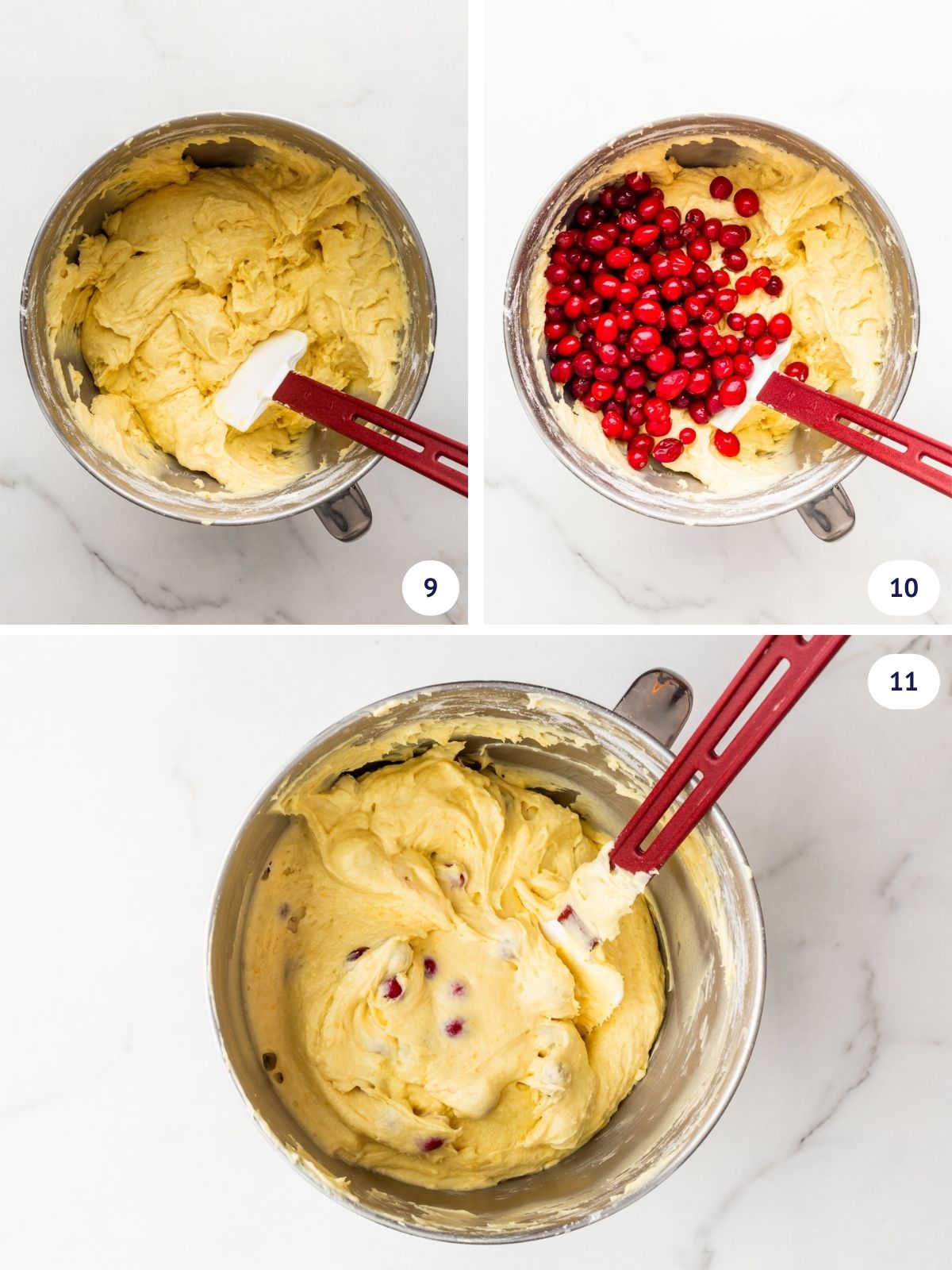 Folding fresh cranberries into cake batter with a spatula.