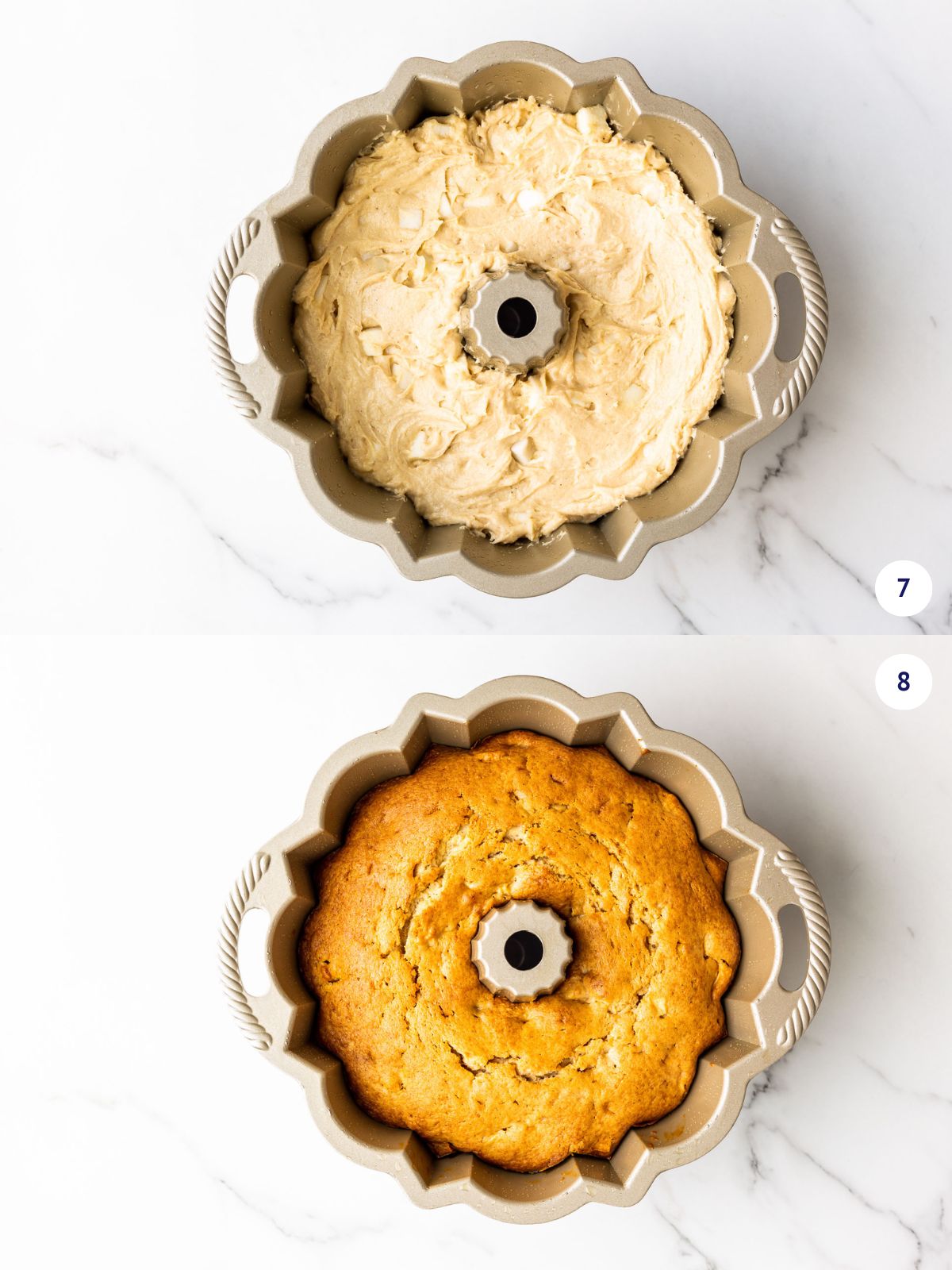 Apple bundt cake before and after baking.