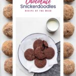 A plate of chocolate snickerdoodle cookies served with a glass of milk.