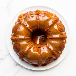 Apple bundt cake with salted caramel sauce.