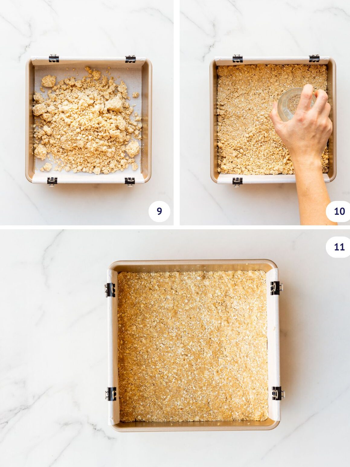 Pressing an oat crumble on the bottom of a square pan to create the bottom crust for apple crisp bars.