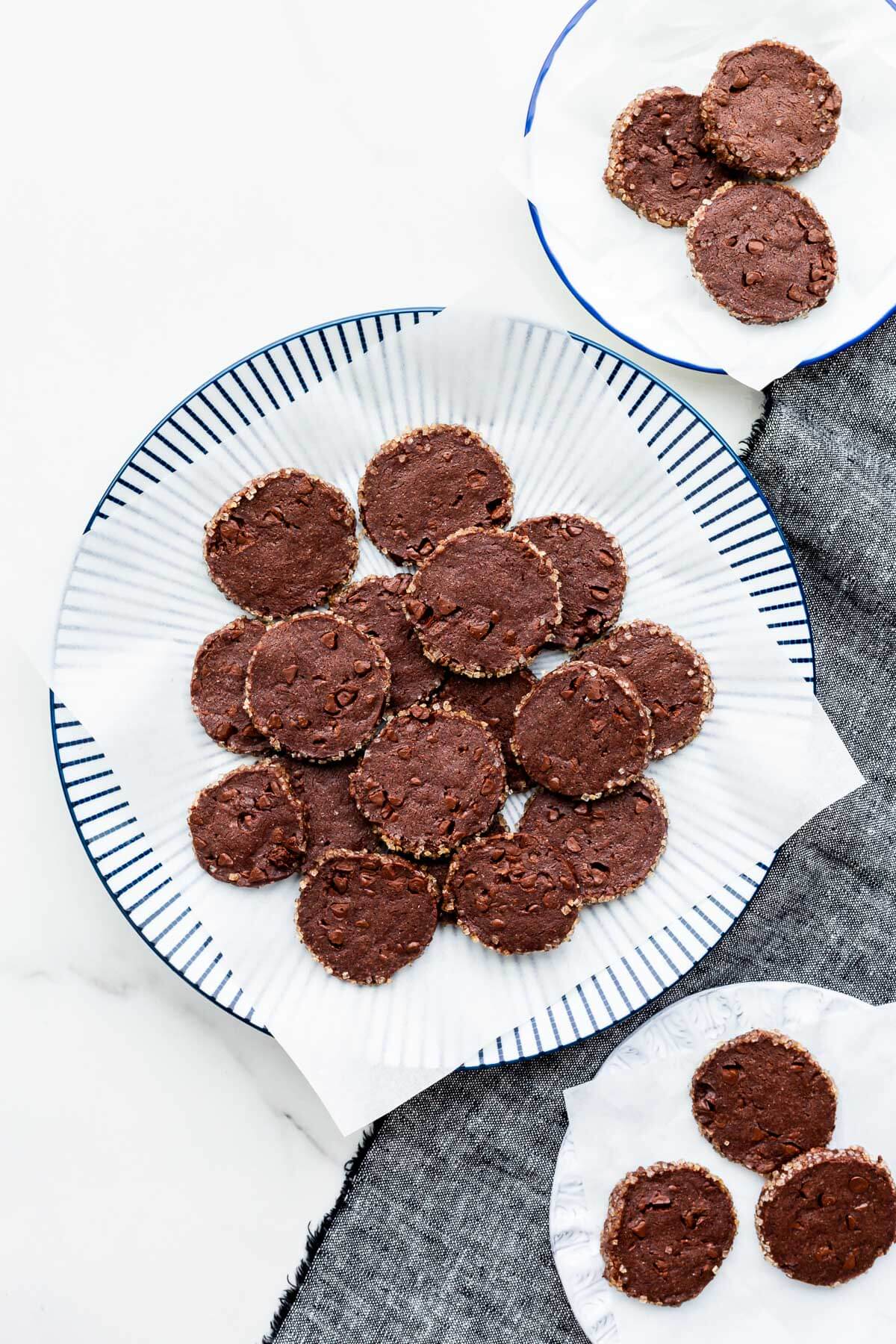Plates of double chocolate cookies.