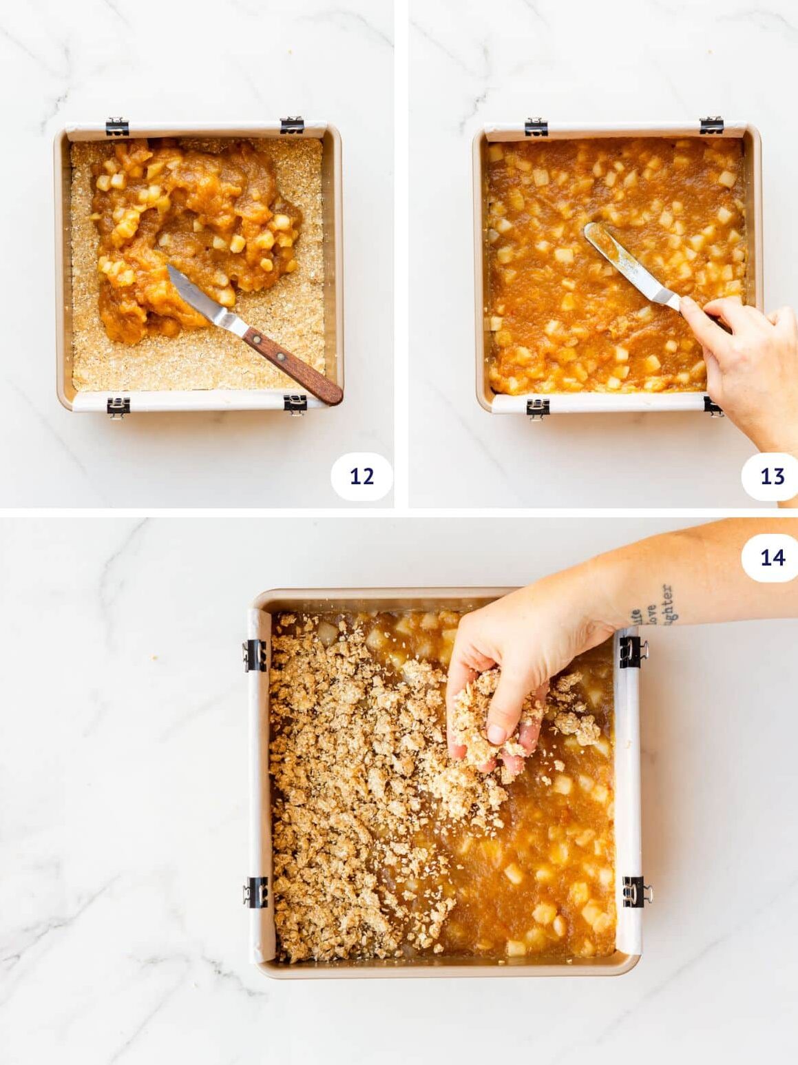 Spreading apple filling over an oat crumble base to make applesauce oatmeal bars.