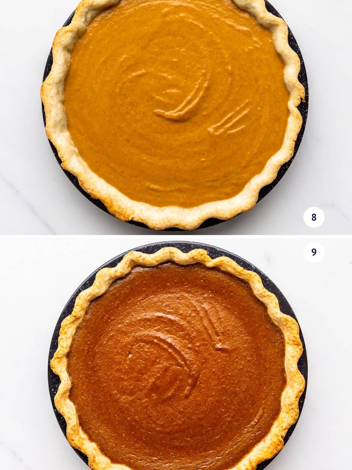 Pumpkin pie before and after baking.