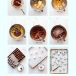 Collage of photographs showing the steps to make chocolate crinkle cookies from scratch.