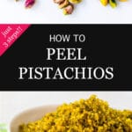 How to peel pistachio nuts to remove skins showing shelled pistachios before boiling, after blanching, then peeled to reveal green pistachio nut
