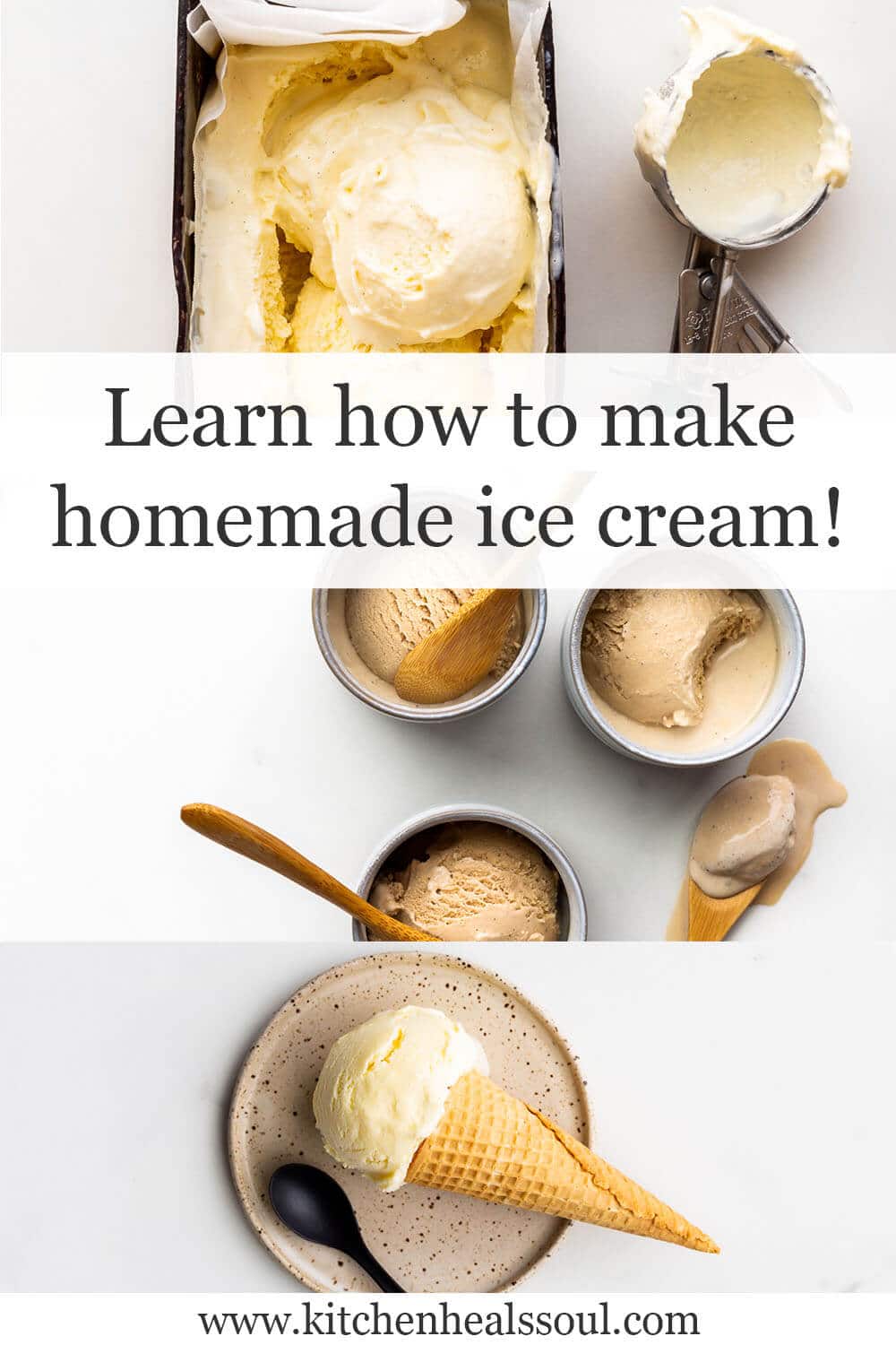 Collage of ice cream pictures with ice cream scooper and pan of ice cream in top image, 3 small bowls of ice cream with wooden spoons in middle image, and a speckled plate with a scoop of ice cream and cone, plus black spoon on bottom image