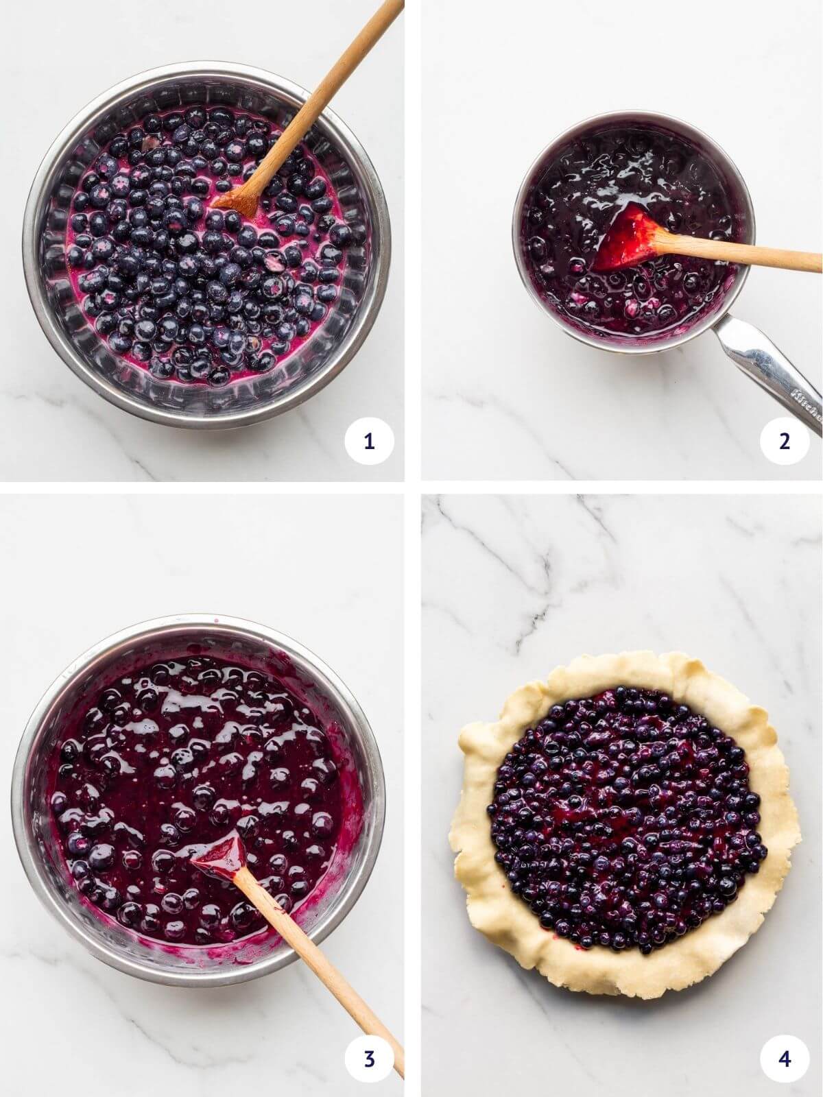 Collage to show the steps of making a blueberry pie filling that is partly cooked on the stove before filling the pie.