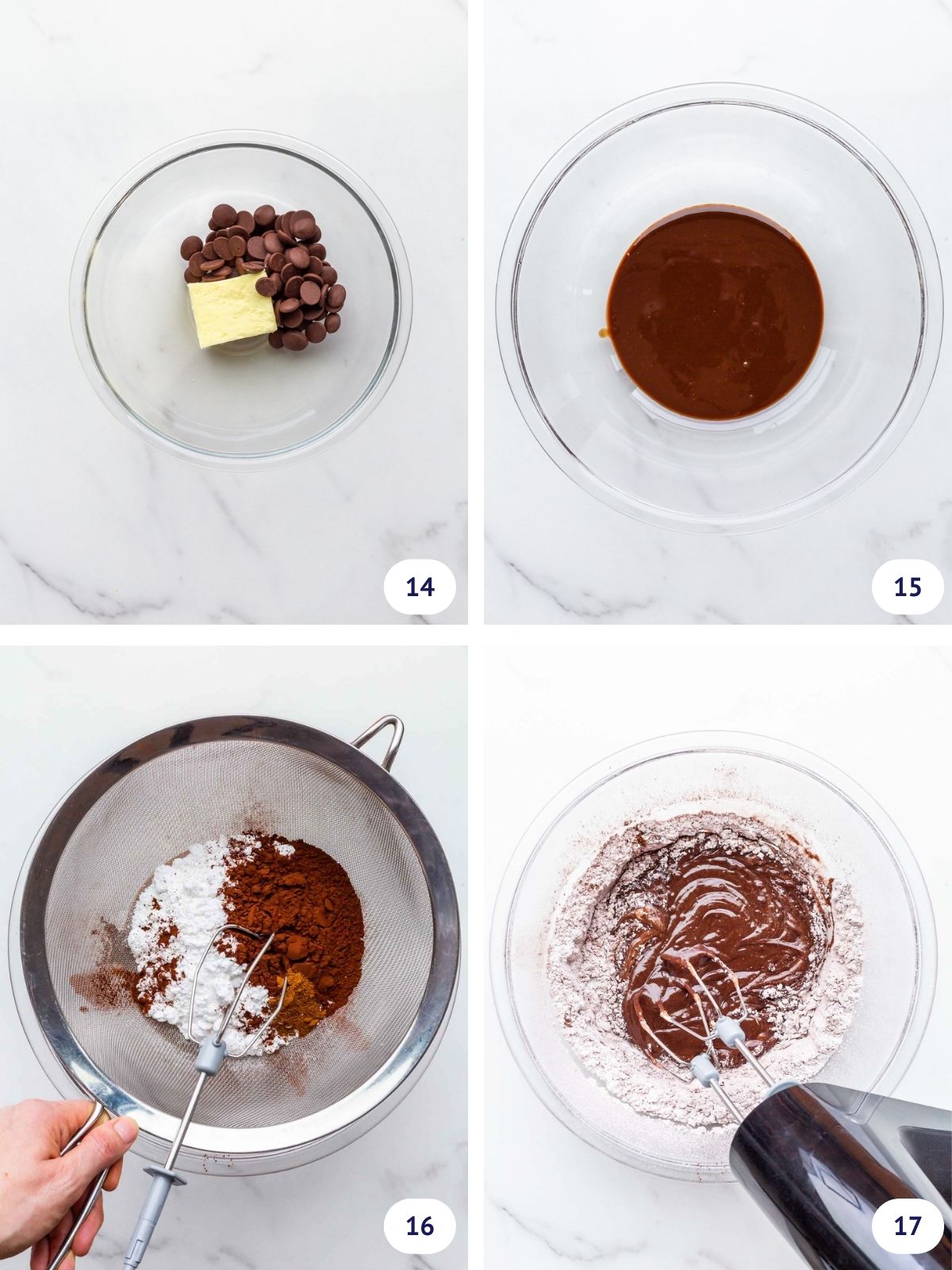 Making chocolate fudge frosting by melting chocolate and butter together before sifting in cocoa powder and icing sugar to make a glossy chocolate frosting.