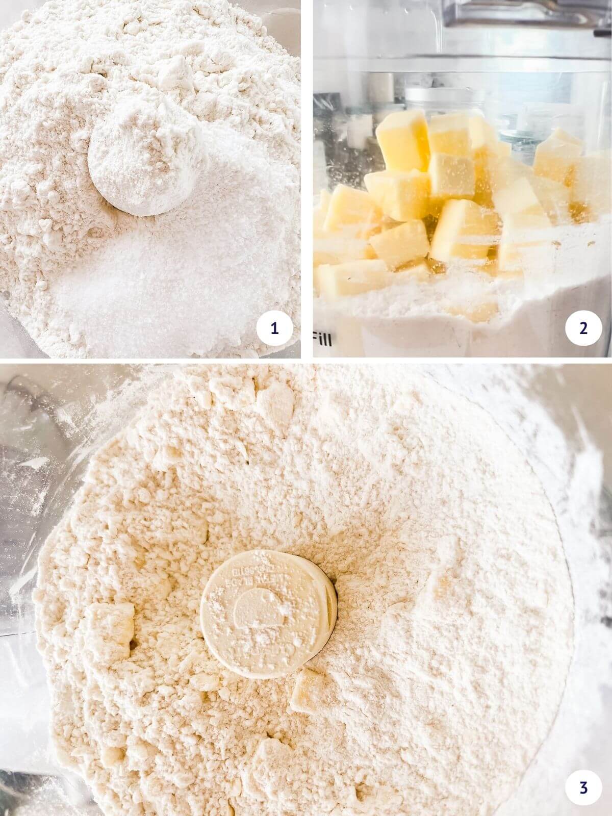 Collage of images to show first steps of mixing pie crust ingredients in food processor and then cutting butter into the mixture to form a crumbly dry mix.