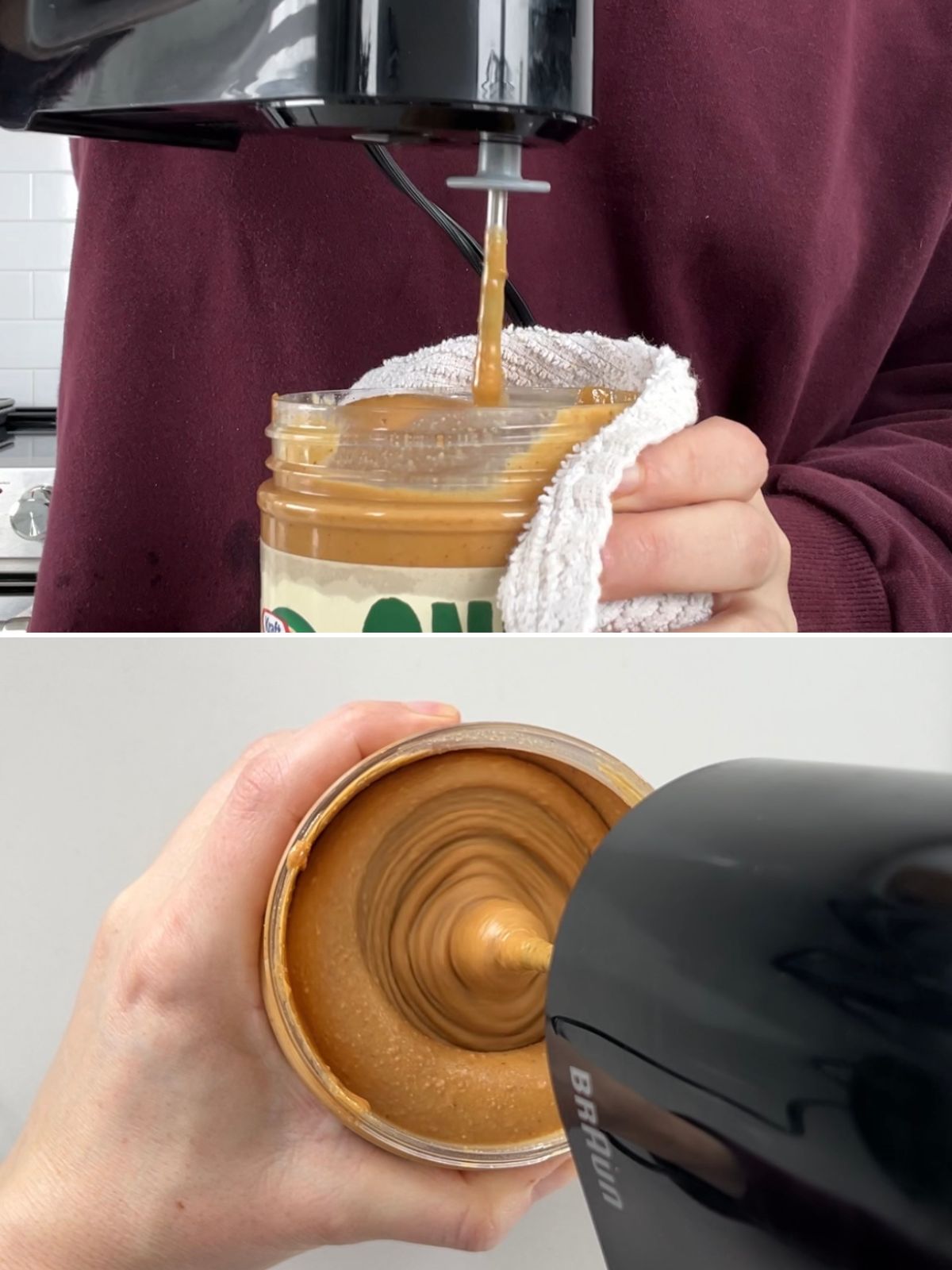 Mixing a jar of natural peanut butter with an electric hand mixer with only one beater.