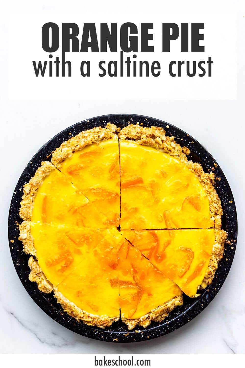 Orange pie with saltine crust sliced and ready to serve.