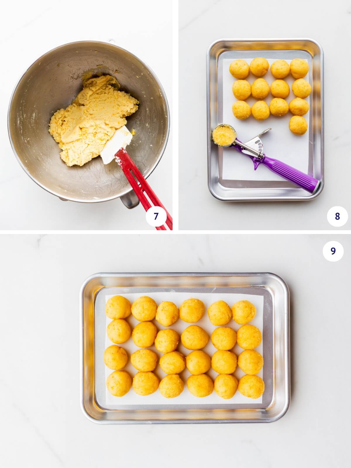 Scooping and rolling amaretti cookie dough into round balls.