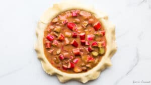 Rhubarb pie filling before baking the pie