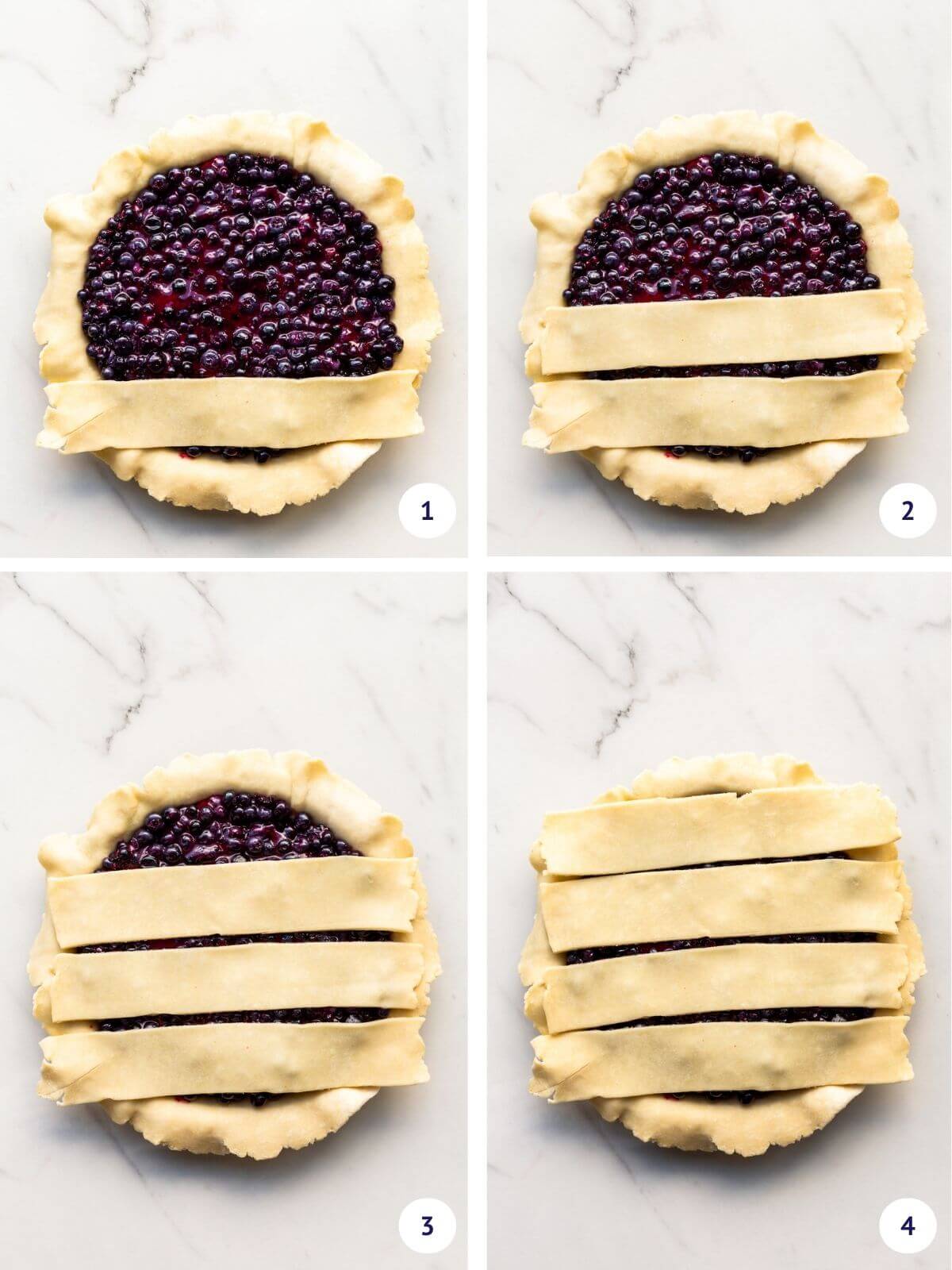 Collage to show weaving in last vertical strip of a fat lattice with 7 strips of pie dough total.