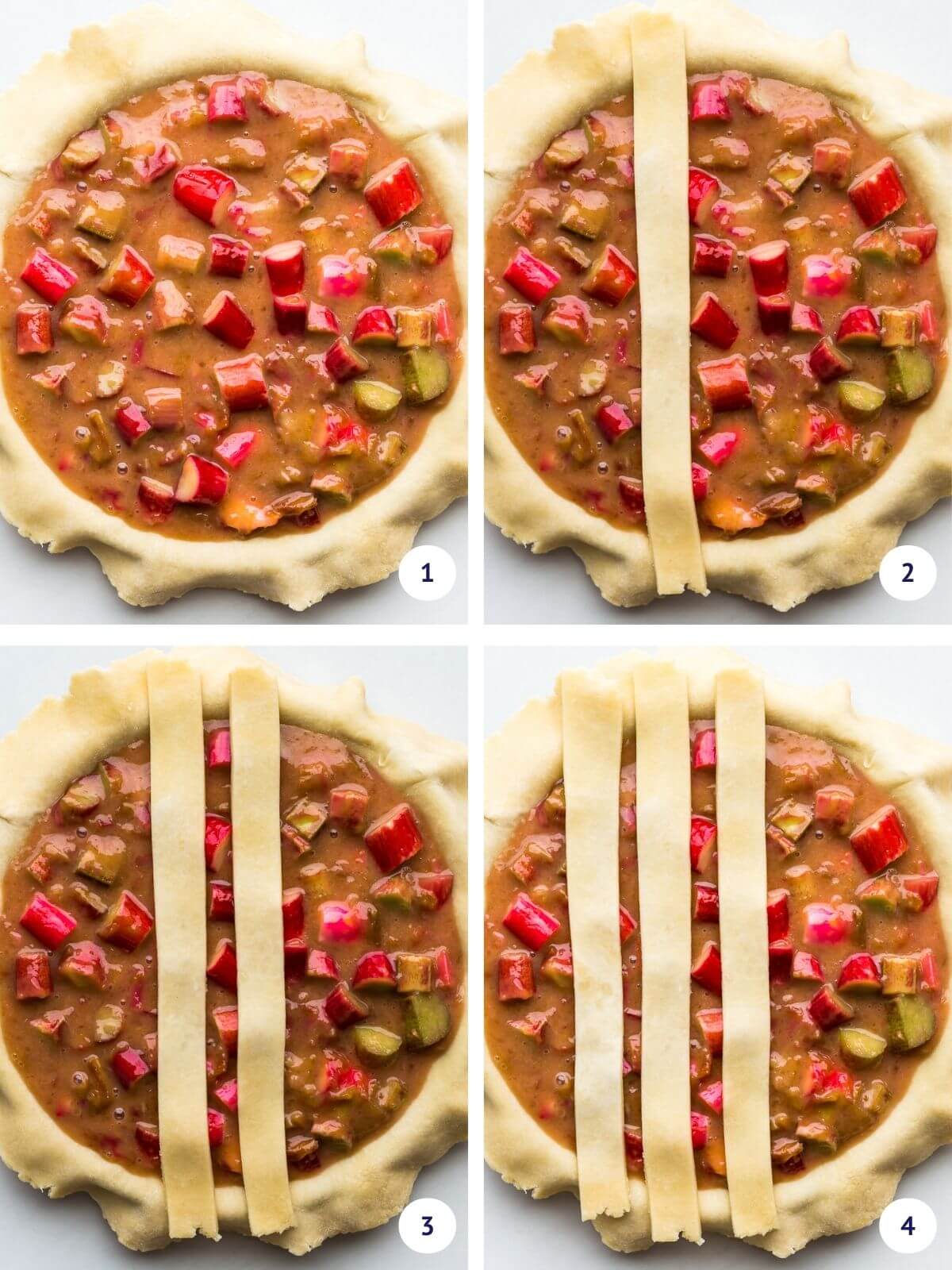 Setting up thin strips of pie dough vertically to eventually make a lattice pie crust.