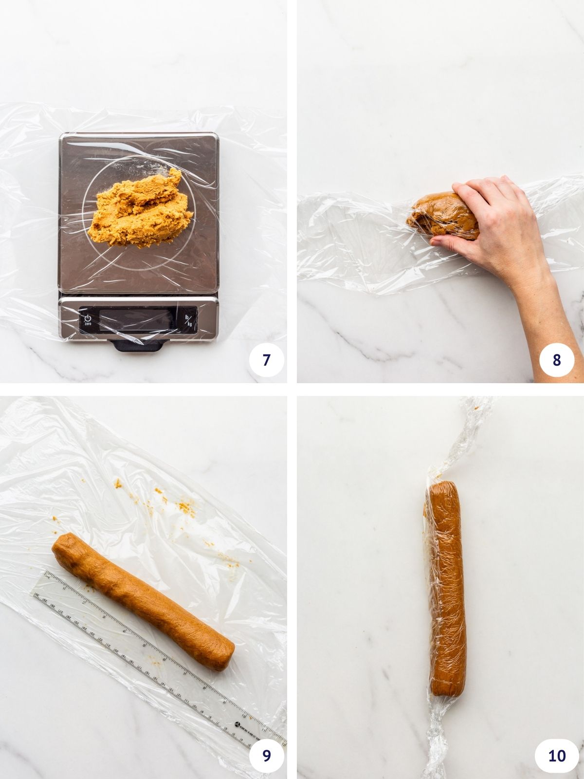 Portioning out a large batch of gingerbread cookie dough to shape into logs before wrapping in plastic wrap to chill them before baking.