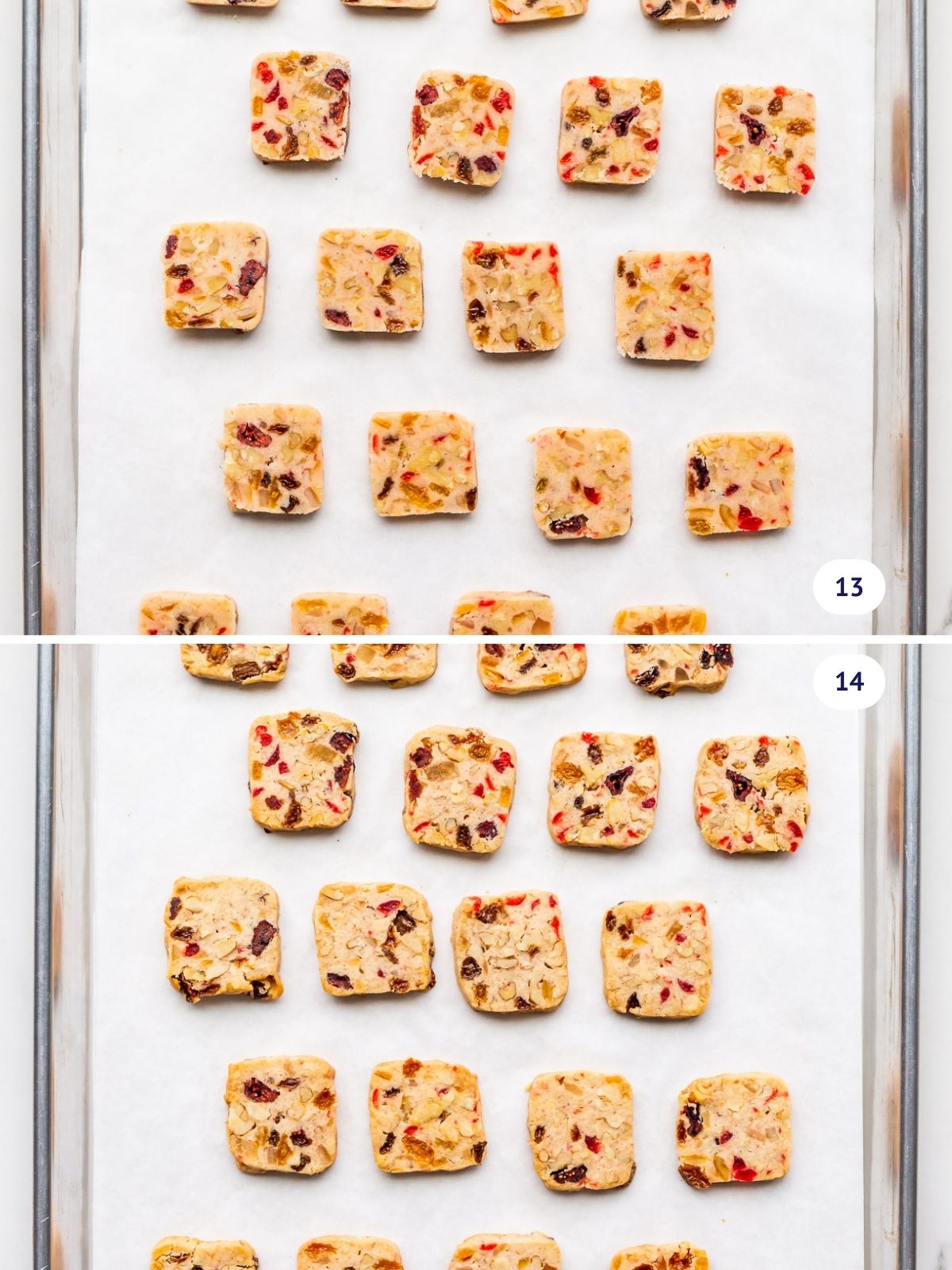 Fruitcake cookies on a sheet pan before and after baking.