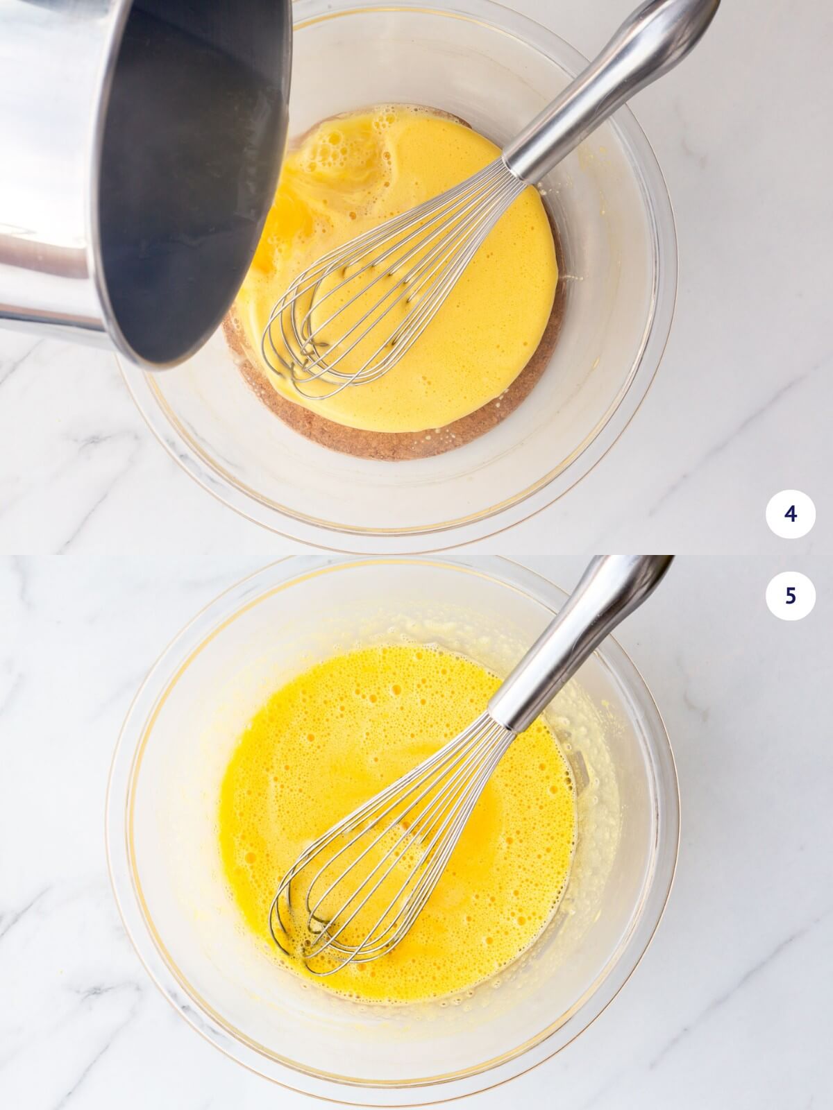 Tempering the egg yolks with hot lemon juice to make homemade lemon curd.