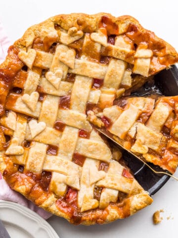 A perfect slice of rhubarb pie, ready to be served.