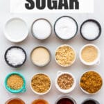 Different types of sugar used in baking (in granular and syrup forms) in mini prep bowls to show differences in texture, colour, and thickness of syrups.