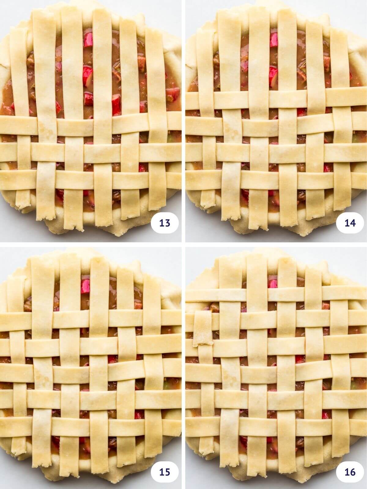 Weaving the last strip of dough to finish a lattice pie crust top that has 12 strips of dough.