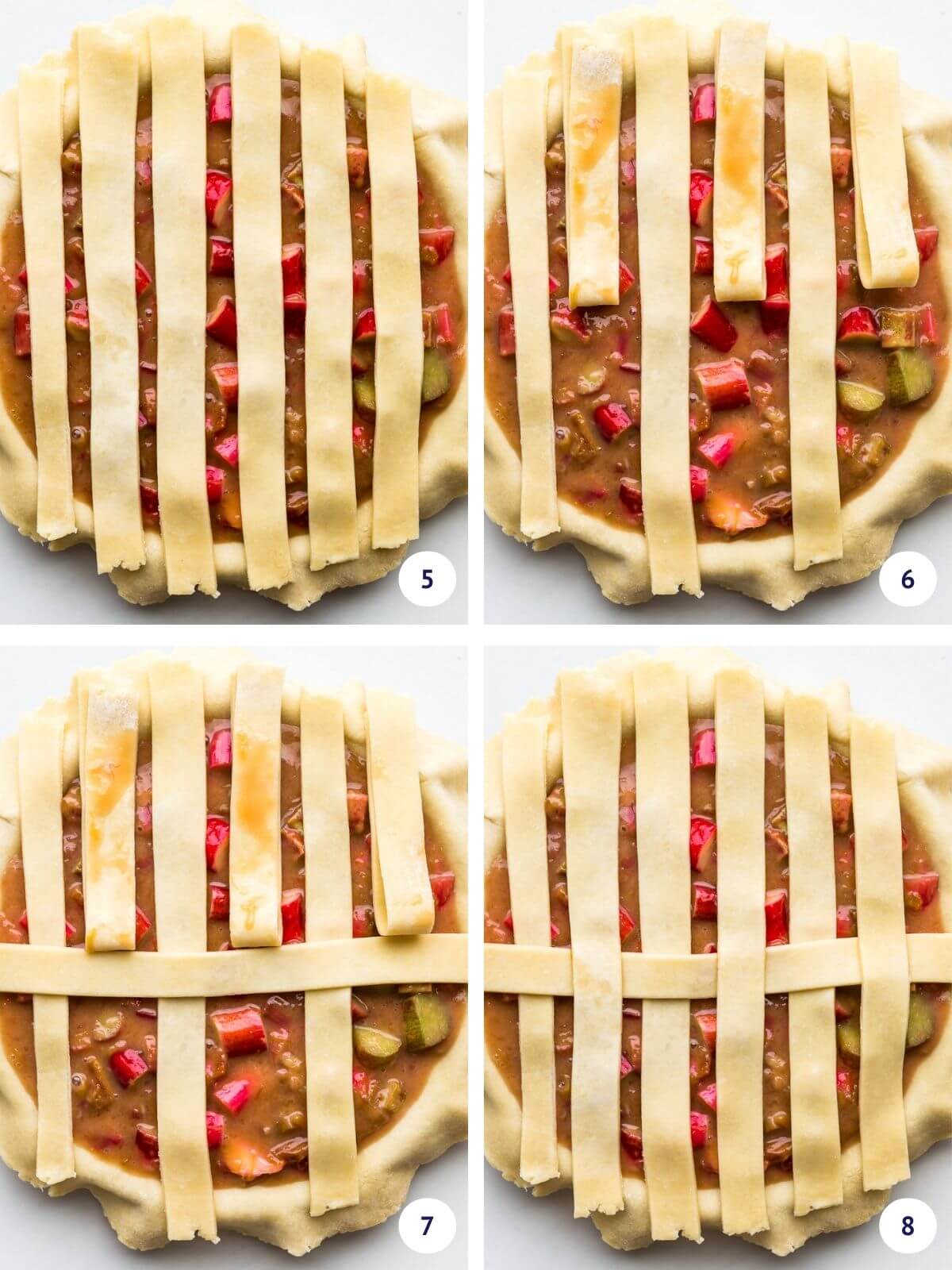 Weaving in the first horizontal strip of dough to start forming a lattice pie crust top on a rhubarb pie.