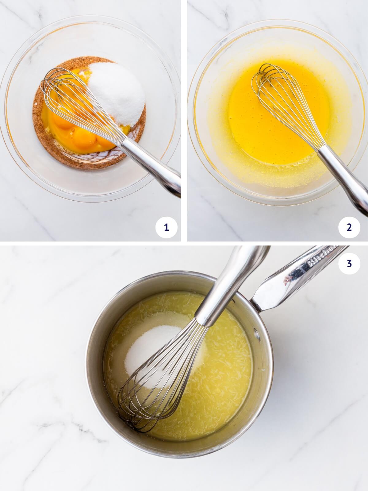 Whisking egg yolks with sugar while heating lemon with sugar to make homemade lemon curd.