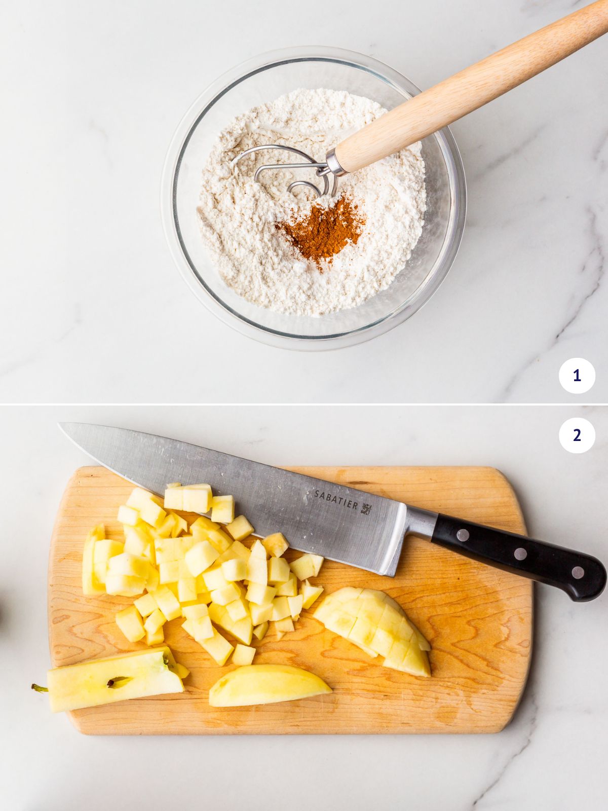 Whisking dry ingredients and dicing apples for a bundt cake.