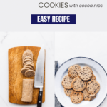 Collage of images showing slicing cookie dough and then a plate of round shortbread cookies with flecks of chocolate in them.